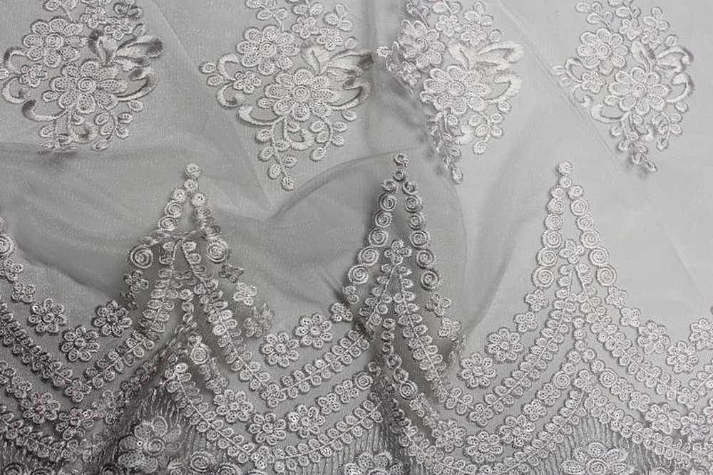 white-silver BEVERLY Embroidered Sheer With Sequins Fabric - Fabrics Star