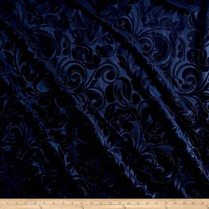 Navy Brocade Scroll Velvet Fabric - Fabrics Star