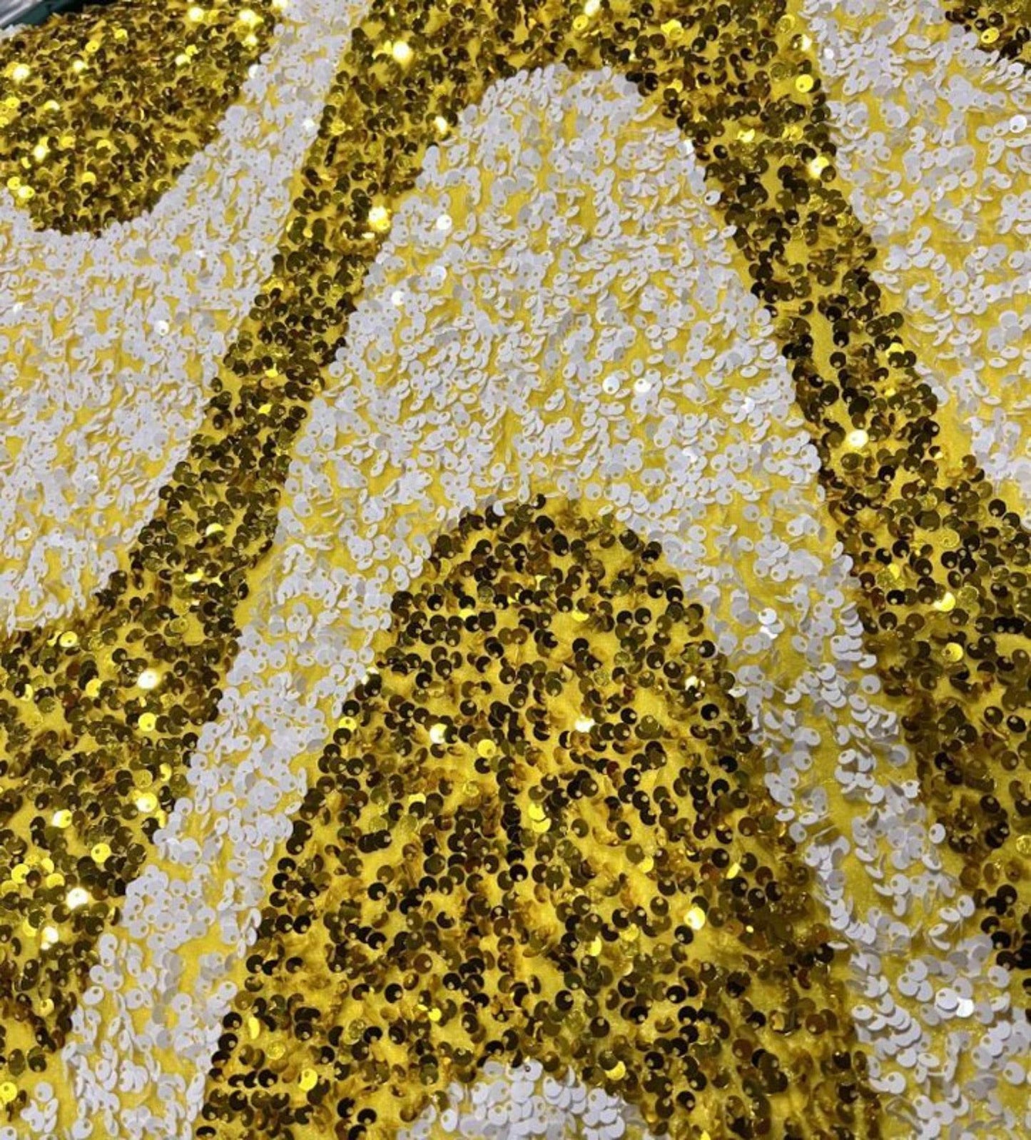 Yellow/White Selectra Waves Stretch Velvet Sequin Fabric - Fabrics Star