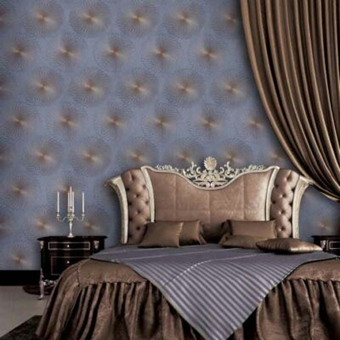 Luxurious bedroom with patterned wallpaper and ornate headboard.