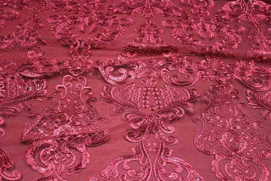 burgundy AINSLEY Embroidered Sheer Sequin Fabric - Fabrics Star