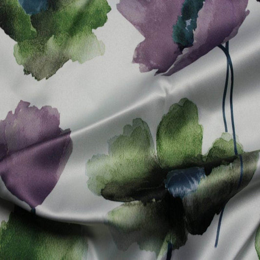 Plum ANTHIUM - Floral Digital Print Satin Fabric - Cotton Hand - 58 Inch. in Width Fabric - Fabrics Star