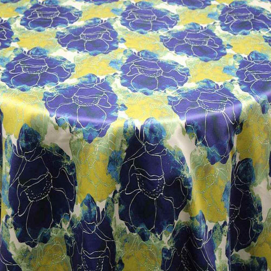Blue AZALEA Floral Digital Print Satin Fabric - Cotton Hand - 54 Inch. in Width Fabric - Fabrics Star
