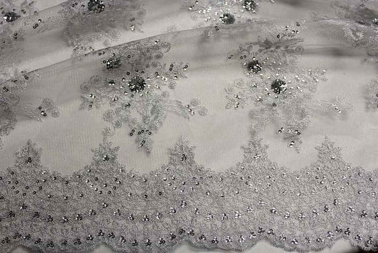 silver-1 BLOSSOM/B Embroidered Sheer With Sequin Fabric - Fabrics Star