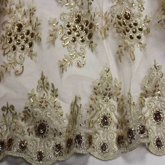 Champagne Bristol Glitter Sequin Embroidered Lace Fabric. 54 Inch in Width Fabric - Fabrics Star