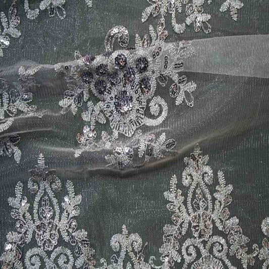 Dull Silver Bristol Glitter Sequin Embroidered Lace Fabric. 54 Inch in Width Fabric - Fabrics Star