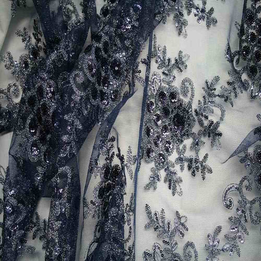 Navy Bristol Glitter Sequin Embroidered Lace Fabric. 54 Inch in Width Fabric - Fabrics Star