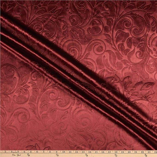 Burgundy Brocade Scroll Velvet Fabric - Fabrics Star