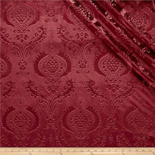 Burgundy Brocade Damask Velvet Fabric - Fabrics Star