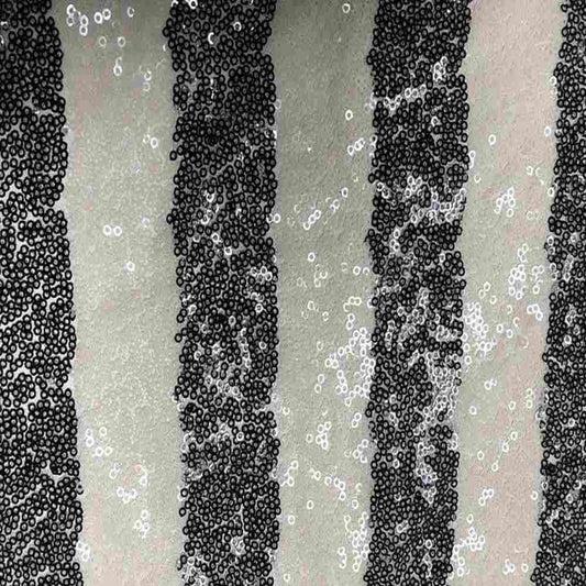 Black/White FIESTA Striped Sequin Fabric on Mesh Material Fabric - Fabrics Star