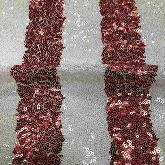 Red/White FIESTA Striped Sequin Fabric on Mesh Material Fabric - Fabrics Star