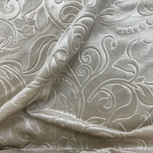 Ivory Brocade Scroll Velvet Fabric - Fabrics Star
