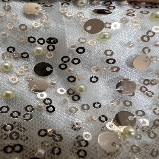 Blush Soft Tulle Mesh Fabric Heavily Embellished with Sequins Fabric - Fabrics Star