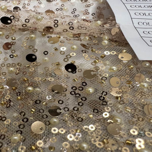 Champagne Soft Tulle Mesh Fabric Heavily Embellished with Sequins Fabric - Fabrics Star