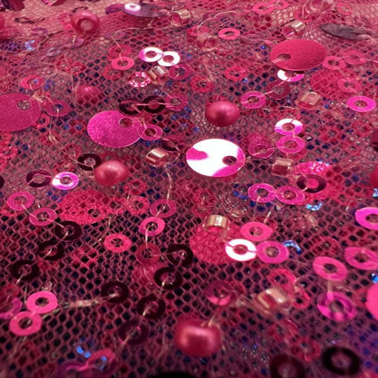 Magenta Soft Tulle Mesh Fabric Heavily Embellished with Sequins Fabric - Fabrics Star
