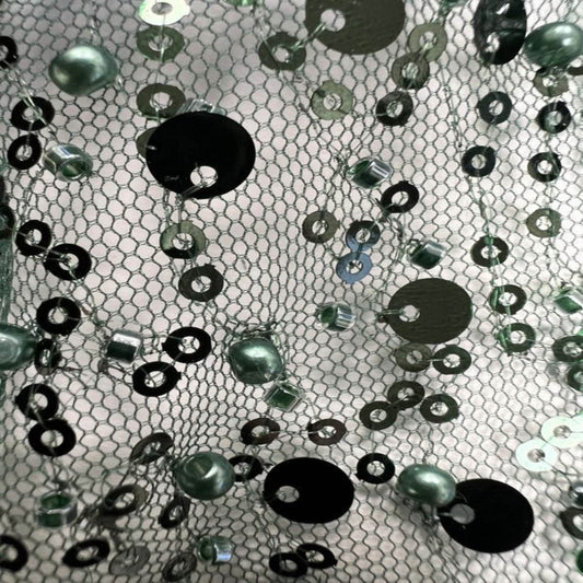 Olive Soft Tulle Mesh Fabric Heavily Embellished with Sequins Fabric - Fabrics Star