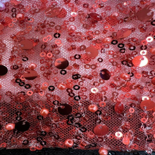 Red Soft Tulle Mesh Fabric Heavily Embellished with Sequins Fabric - Fabrics Star