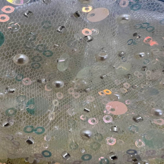 Silver Soft Tulle Mesh Fabric Heavily Embellished with Sequins Fabric - Fabrics Star