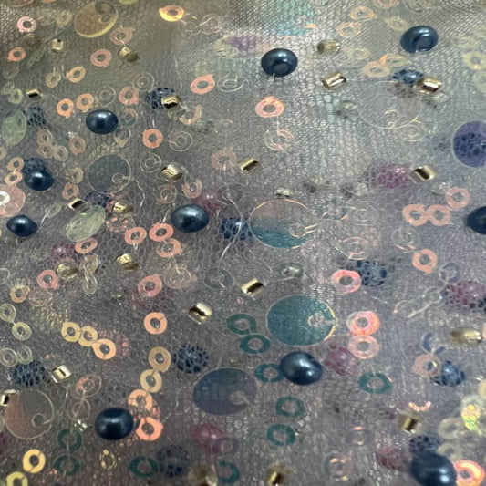 Sky Blue Soft Tulle Mesh Fabric Heavily Embellished with Sequins Fabric - Fabrics Star