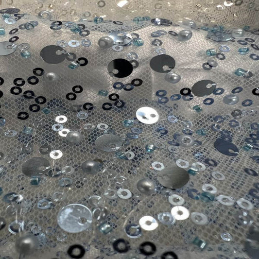 Slate Blue Soft Tulle Mesh Fabric Heavily Embellished with Sequins Fabric - Fabrics Star