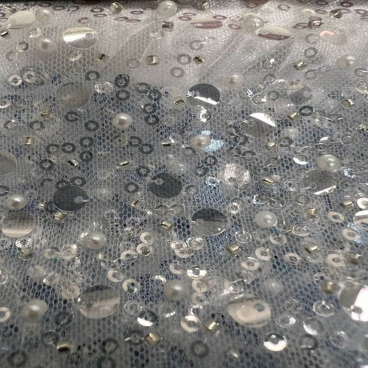 White Soft Tulle Mesh Fabric Heavily Embellished with Sequins Fabric - Fabrics Star