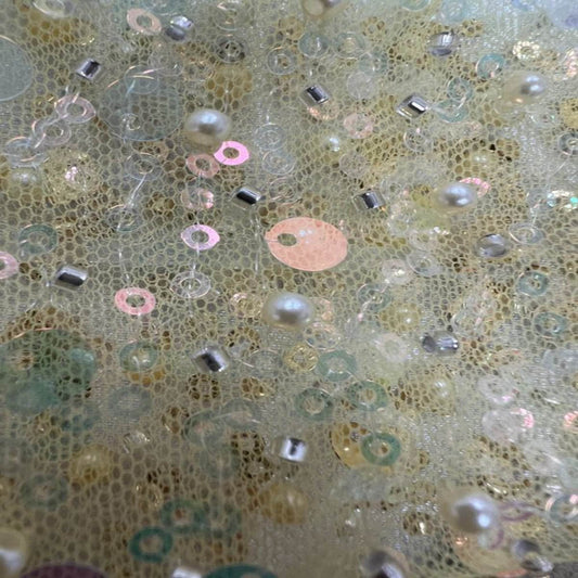 Yellow Soft Tulle Mesh Fabric Heavily Embellished with Sequins Fabric - Fabrics Star