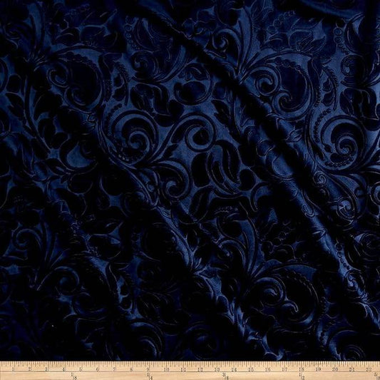 Navy Brocade Scroll Velvet Fabric - Fabrics Star