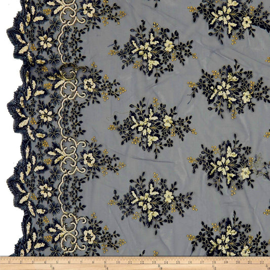 Navy/Gold Rowley Sequin Embroidered Mesh Fabric. Lace Netting Material - 52 Inch in Width Fabric - Fabrics Star