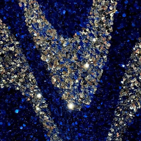 Navy/Silver Selectra Waves Stretch Velvet Sequin Fabric - Fabrics Star