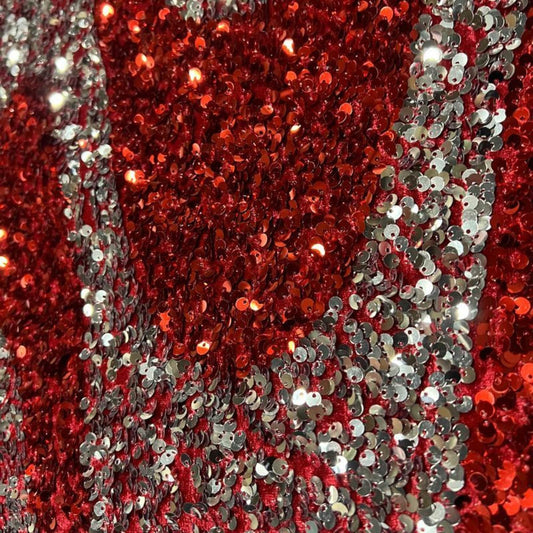 Red/Silver Selectra Waves Stretch Velvet Sequin Fabric - Fabrics Star