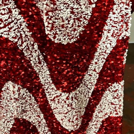 Red/White Selectra Waves Stretch Velvet Sequin Fabric - Fabrics Star
