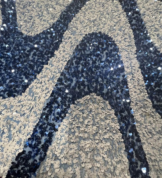 Sky Blue/White Selectra Waves Stretch Velvet Sequin Fabric - Fabrics Star