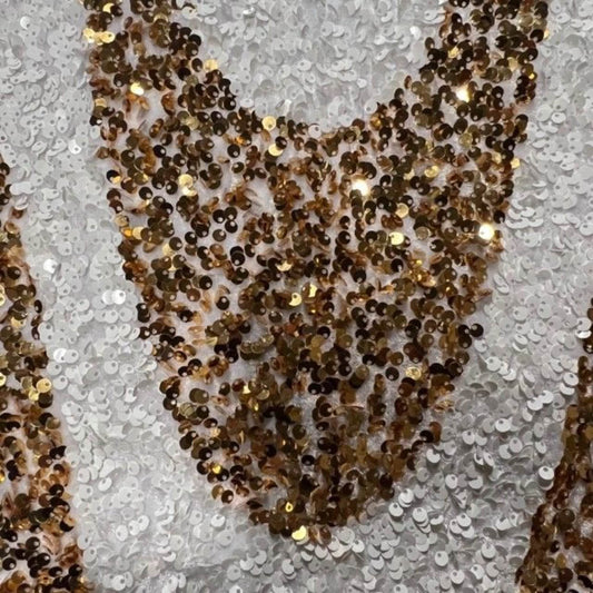 White/Gold Selectra Waves Stretch Velvet Sequin Fabric - Fabrics Star