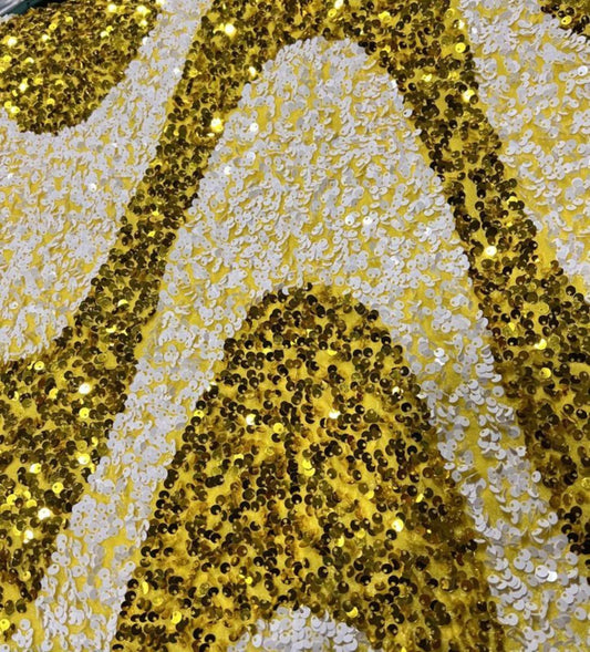 Yellow/White Selectra Waves Stretch Velvet Sequin Fabric - Fabrics Star