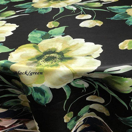 Green/Black TROPICAL Floral Digital Print Satin Fabric - Cotton Hand - 58 Inch. in Width Fabric - Fabrics Star