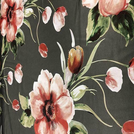 Olive TROPICAL Floral Digital Print Satin Fabric - Cotton Hand - 58 Inch. in Width Fabric - Fabrics Star