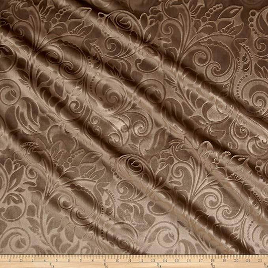 Taupe Brocade Scroll Velvet Fabric - Fabrics Star
